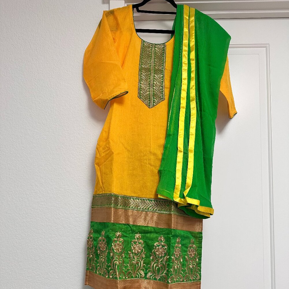 Vibrant Yellow & Green Salwar Suit with Embroidery + Free Earrings